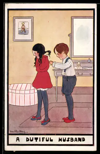 Künstler-AK sign. Holliday: Junge hilft einem Mädchen beim Knöpfen ihres Kleides