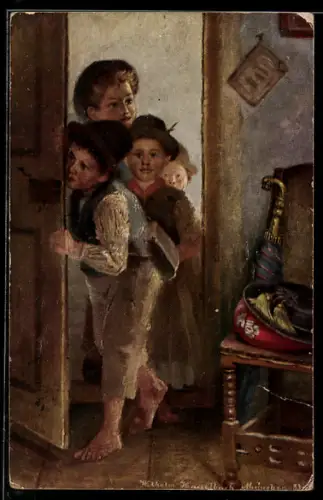 Künstler-AK sign. Wilhelm H.: Kinder schauen durch die Tür ins Haus
