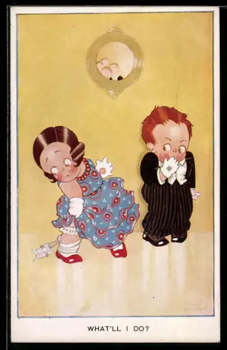 Künstler-AK sign. Chloe Preston: Mädchen verliert ihren Strumpfhalter