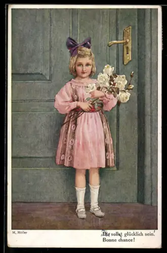 Künstler-AK M. Möller: Mädchen in rosanem Kleid mit Blumen im Arm