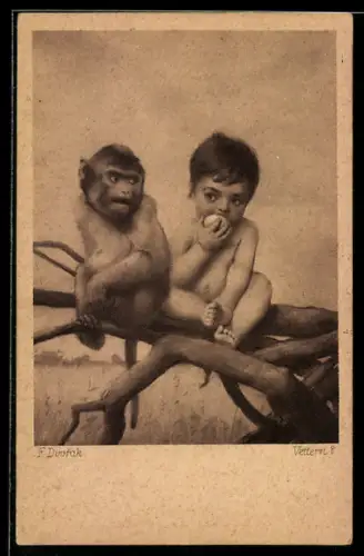 Künstler-AK sign. F. Dvorak: Junge und Affe sitzen zusammen in einem Baum