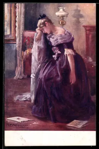 Künstler-AK sign. M. Martinkova: Dame lehnt sich an einen Stuhl