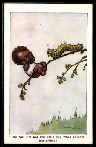 Künstler-AK sign. Flora White: Raupe verfolgt ein Kind auf einem Zweig