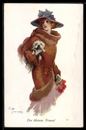 Künstler-AK sign. G. Franzoni: Elegante Dame mit kleinem Hund