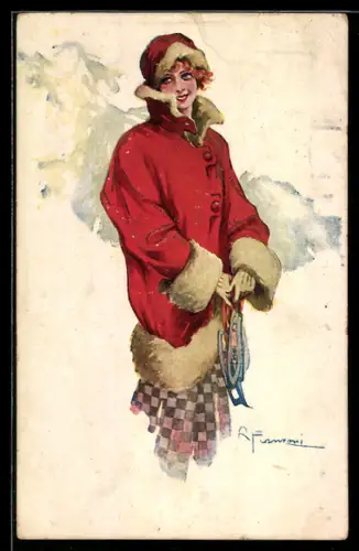 Künstler-AK sign. G. Franzoni: Dame in Winterkleidung mit Schlittschuh-Kufen