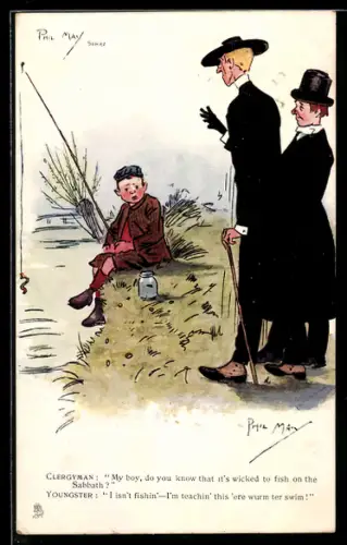Künstler-AK sign. Phil May: Clergyman: My boy, do you know that it`s wicked to fish on the Sabbath?, Angler