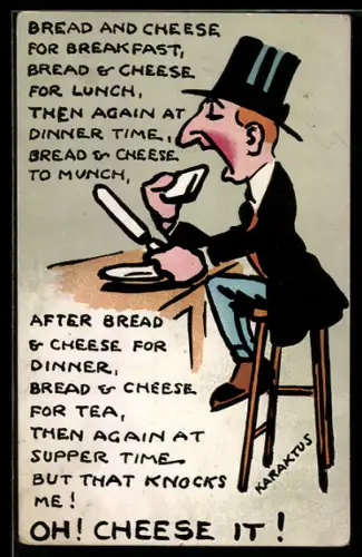 Künstler-AK sign. Karaktus: Mann im Anzug isst Brot und Käse