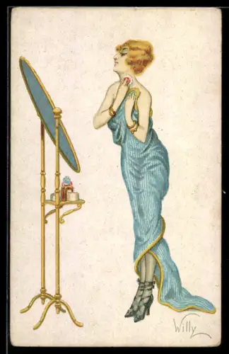Künstler-AK sign. Willy: Dame pudert sich den Hals