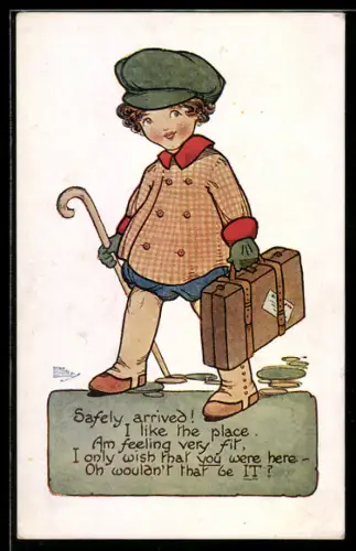 Künstler-AK sign. Marsh-Lambert: Kind mit Koffer und Gehstock