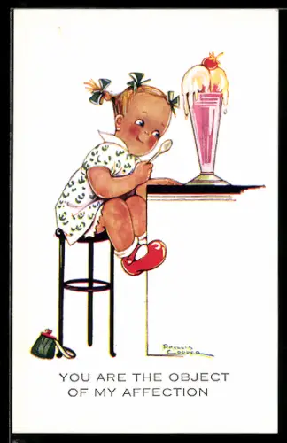 Künstler-AK sign. Phyllis Cooper: Mädchen mit einem riesigen Glas Eis