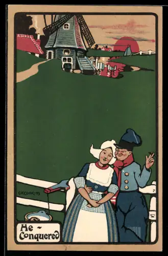 Künstler-AK sign. C. K. Cook: Holländisches Paar am Zaun, Im Hintergrund Windmühle