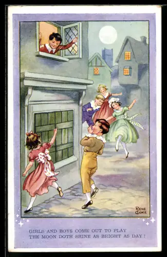 Künstler-AK sign. Rene Cloke: Kinder spielen in einer mondbeschienen Nacht
