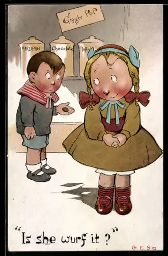 Künstler-AK sign. G. E. Sim: Junge überlegt einem Mädchen etwas Süsses zu kaufen