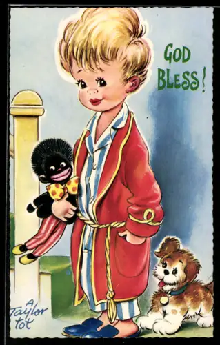 Künstler-AK sign. A. Taylor Tot: Junge im Schlafanzug mit Puppe und Hund