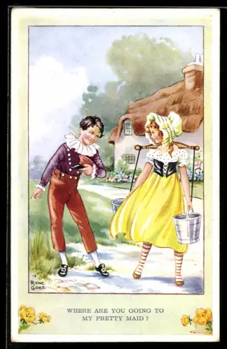 Künstler-AK sign. Rene Cloke: Junge spricht ein Mädchen an