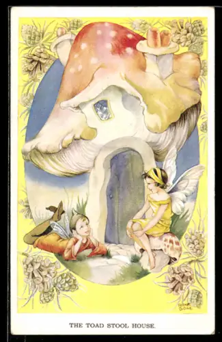 Künstler-AK sign. Rene Cloke: Zwei Elfen vor einem Pilzhaus