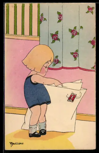 Künstler-AK sign. V. Roulleau: Kind mit einer grossen Postkarte