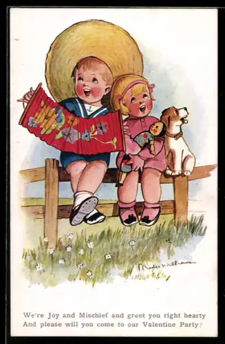 Künstler-AK sign. Madge William: Zwei Kinder und Hund sitzend auf einem Zaun