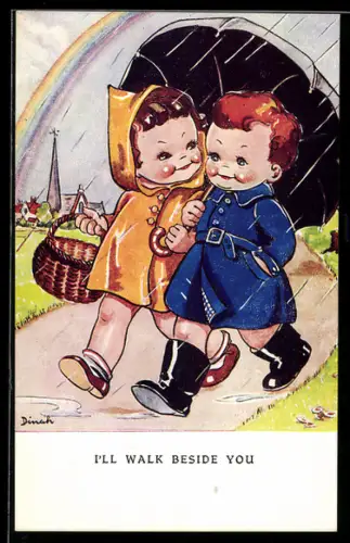 Künstler-AK sign. Dinah: Zwei Kinder spazieren im Regen