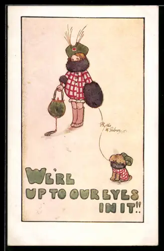 Künstler-AK sign. Phyllis M. Palmer: Mädchen mit Muff und Hund