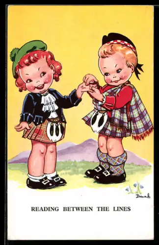 Künstler-AK sign. Dinah: Kleine Kinder in schottischer Tracht
