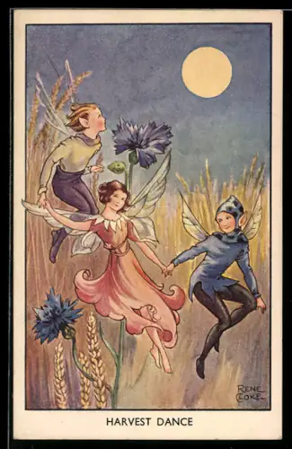 Künstler-AK sign. Rene Cloke: Drei Elfen im Kornfeld im Mondschein