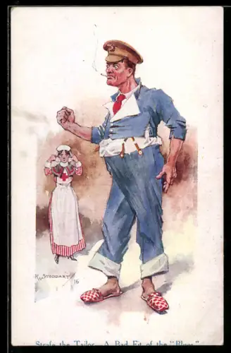 Künstler-AK sign. R. Stoddart: Mann beschwert sich über den schlechten Sitz seiner Kleidung
