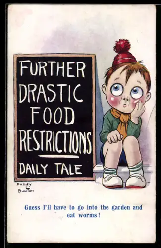 Künstler-AK sign. Dudley Buxton: Kleiner Junge sitzt traurig neben einem Schild