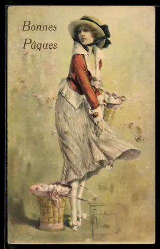 Künstler-AK sign. Marchisio: Elegante Dame mit zwei Körben