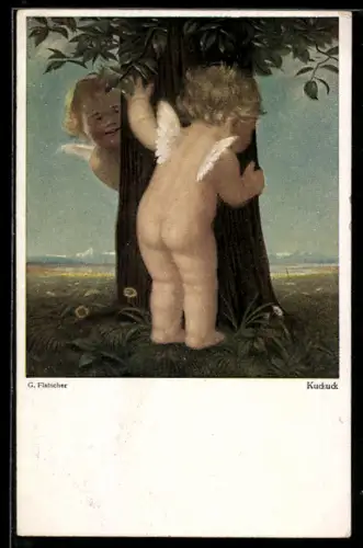 Künstler-AK sign.C. Flatscher: Engel beim Kuckuk Spiel