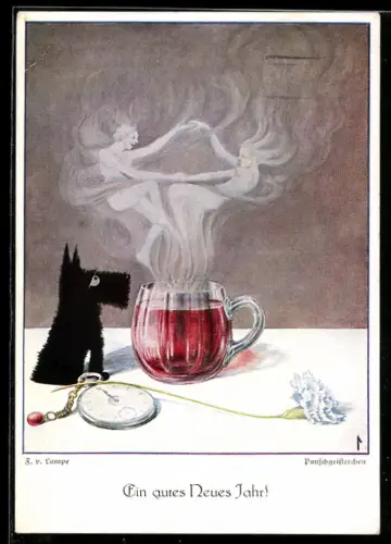 Künstler-AK sign. F. v. Lampe: Hund sitzt neben einer Taschenuhr vor einem Punschglas