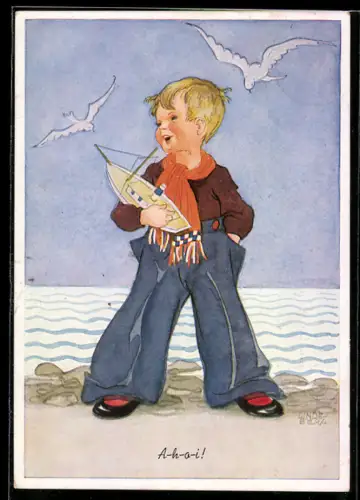 Künstler-AK sign. Lindeberg: Junge mit Modellschiff am Strand