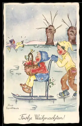 Künstler-AK sign. Ilse Nordhaus: Kinder fahren mit einem Schlitten über einen vereisten See