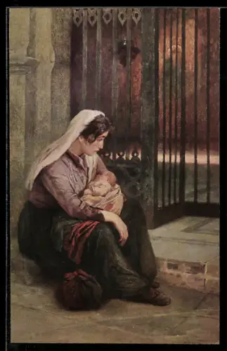 Künstler-AK sign. Ernst Hausmann: Frau mit einem Kleinkind auf dem Arm, Zuflucht