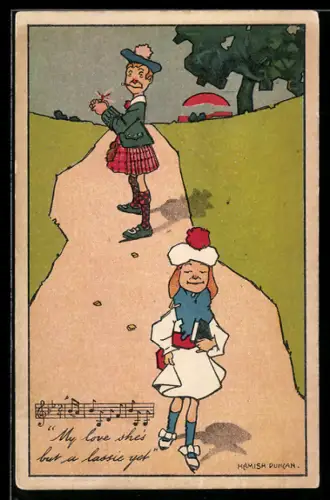 Künstler-AK sign. Hamish Duncan: Mann im Kilt sieht einer Frau auf einem Weg hinterher