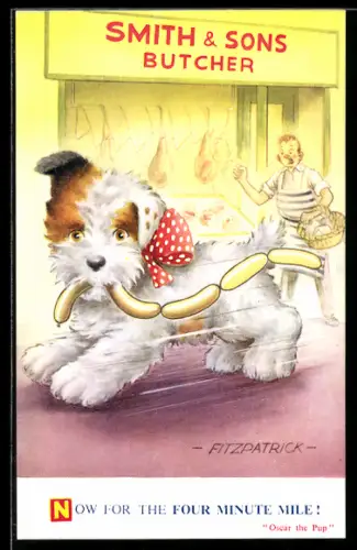 Künstler-AK sign. Fitzpatrick: Niedlicher Hund stielt Würstchen von einem Fleischer