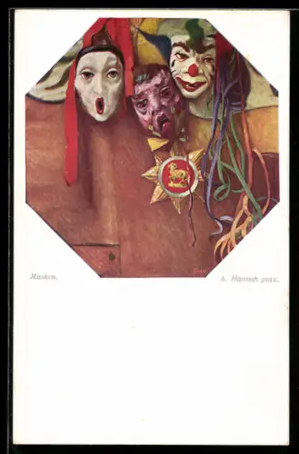 Künstler-AK sign. A. Hänisch: Verschiedene Harlekin-Masken
