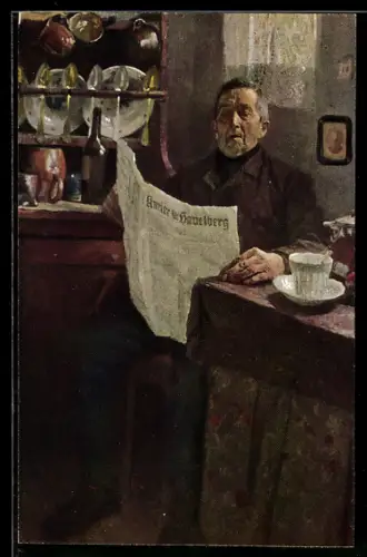 Künstler-AK Havelberg, Der Kleinstädter beim Zeitung lesen