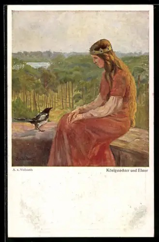 Künstler-AK sign. A. v. Volborth: Königstochter und Elster