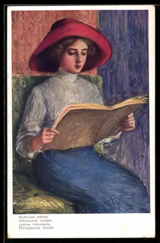 Künstler-AK sign. V. N.: Schöne Frau mit Hut beim Lesen