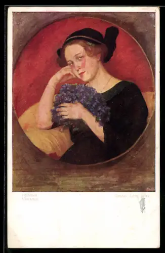 Künstler-AK sign. Gustav Lang: Hübsche Frau mit einem Veilchenstrauss