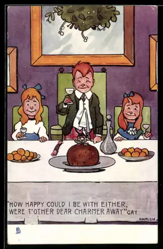 Künstler-AK sign. Hamish: Drei Kinder am Essenstisch, bereit zum Toast