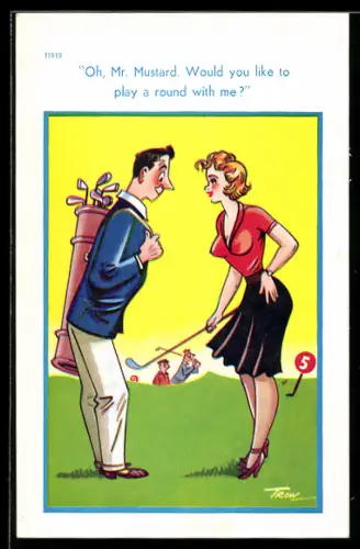 Künstler-AK sign. Trow: Golfer unterhält sich mit einer attraktiven Frau