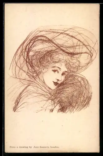 Künstler-AK sign. Jane Samuels: Schöne Dame mit Hut im Portrait