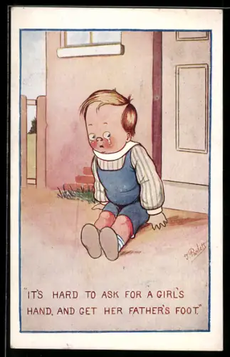 Künstler-AK sign. J. Parlett: Weinendes Kind vor einer Haustür