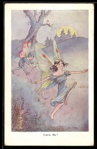 Künstler-AK sign. Hilda L. Milton: Catch me!, Elfen spielen Fangen