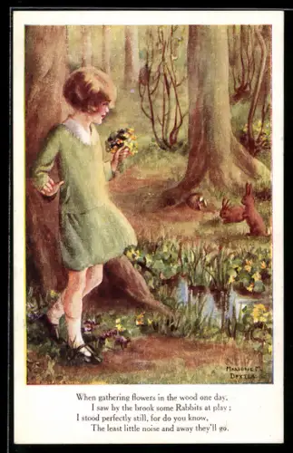 Künstler-AK sign. Marjorie M. Dexter: Kind mit Blumenstrauss im Wald
