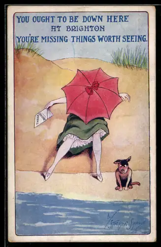 Künstler-AK sign. W. Stocker Shaw: Frau mit Sonnenschirm liegt mit einem Hund am Strand