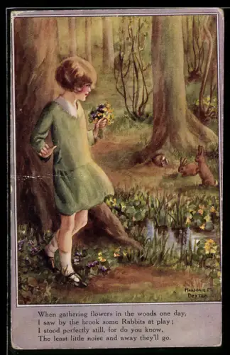 Künstler-AK sign. Marjorie M. Dexter: Junges Mädchen mit Blumenstrauss im Wald