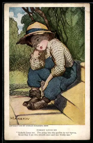 Künstler-AK sign. V. C. Anderson: ungeliebter Bube sitzt auf einer Treppe
